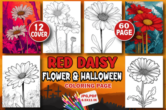 Red Daisy Flower Halloween Coloring Page