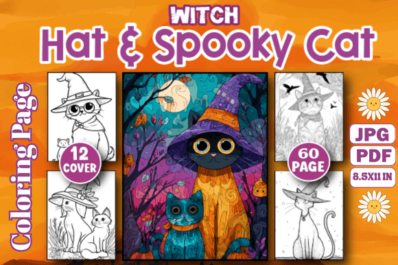 Witch Hat Spooky Cat Coloring Page